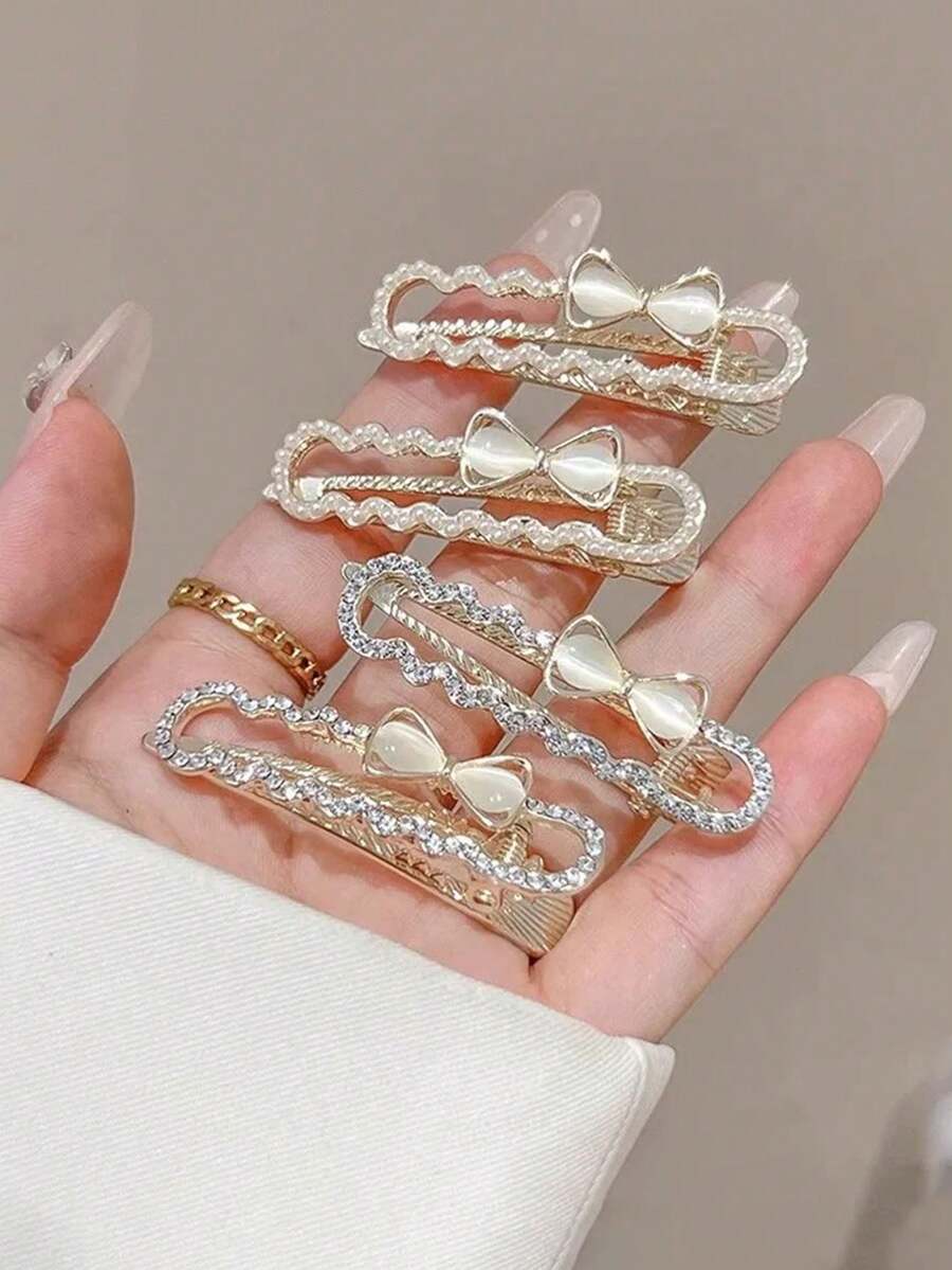 1/2PCS French Elegant Bow Alligator Hair Clip Minimalist Rhinestone Small Hair Clip Versatile Fashion Bangs Side Clip Women Hair Accessory