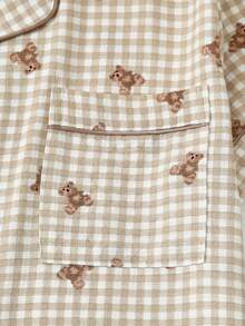 2pcs/Set Women's Plus Size Comfortable Plaid Teddy Bear Print Spring/Summer Short Sleeve Collared Top And Bowknot Shorts Pajama Set - Brown - View 4