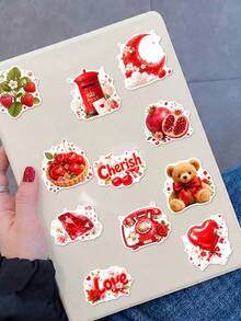 50Pcs Aesthetic Strawberry Stickers, Cute Strawberry Cow, Love Letter & Ribbon Decals, PVC Waterproof Self-Adhesive Stickers For Notebook, Phone Case & Gift Box Decor,Valentine's Day Stickers - Multicolor - View 5