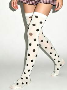1 Pair Vintage Y2K Sweet Gothic Semi-Sheer Polka Dot Print Over-The-Knee Long Socks For Women, Casual Campus Date Cosplay Outfit - White - View 4