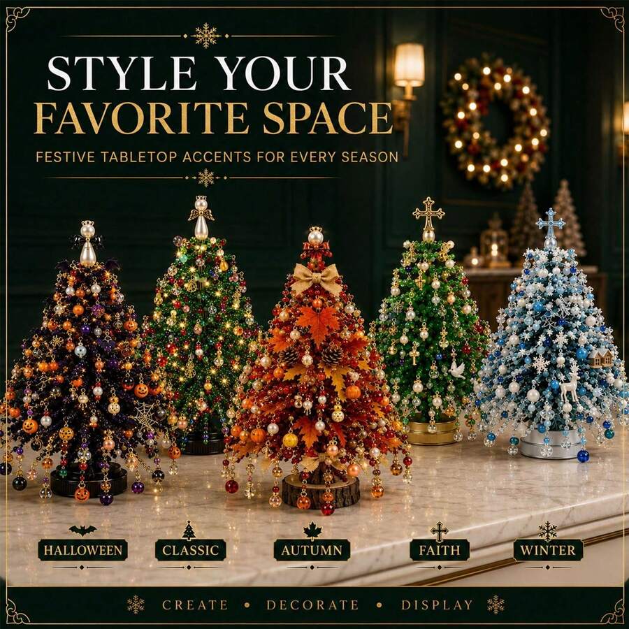 Kit Pohon Natal Manik-Manik DIY, Set Pembuatan Pohon Natal Manik-Manik Kristal 3D, Manik-Manik Warna-warni, Bingkai Logam, Hiasan Malaikat di Puncak Pohon, Tampilan Cahaya Hangat, Dekorasi Pohon Meja Liburan, Pohon Natal