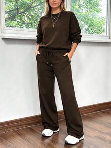 2pcs Falloutfits Women's Sports Set, Fashionable Comfortable Colorblock Jacket & Casual Pants, Suitable For Autumn/Winter - Dark Brown - View 3