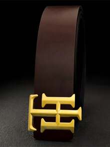Adjustable Men Formal Belt, Unique H Geometric Metal Buckle, Smooth Surface Strap, Classic Waist Belt For Office & Casual Wear - Multicolor - View 10