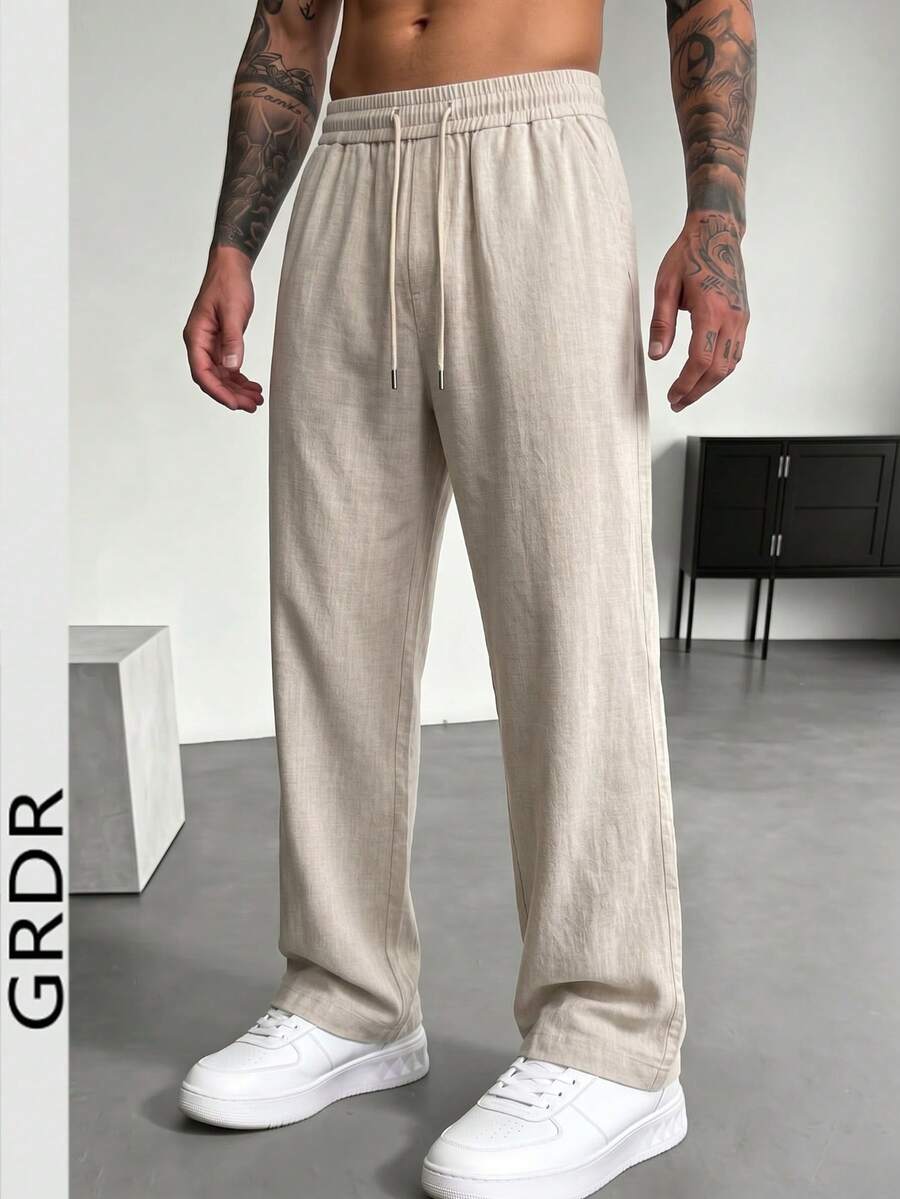 GRDR Men's Straight Leg Casual Pants, Japanese Slouchy, Elastic Waist With Drawstring - Apricot - View 1