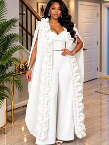 AOMEI Elegant African Two Pieces Pants Set Sash Ruffle Sleeveless Loose Kaftan Cape Wide Leg Pleated Trousers Formal Occasion Party Outfits - White - View 5
