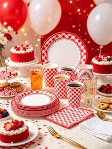 68 Piece Set, Red Grid Theme, 7-Inch Paper Tray, 9-Inch Paper Tray, Tissues, Paper Cups, Plates, Party Trays, Such As Anniversaries, Birthday Parties, Afternoon Tea, Weddings, Receptions, Parties, Picnics, Camping, Barbecues, Etc. - Multicolor - View 5