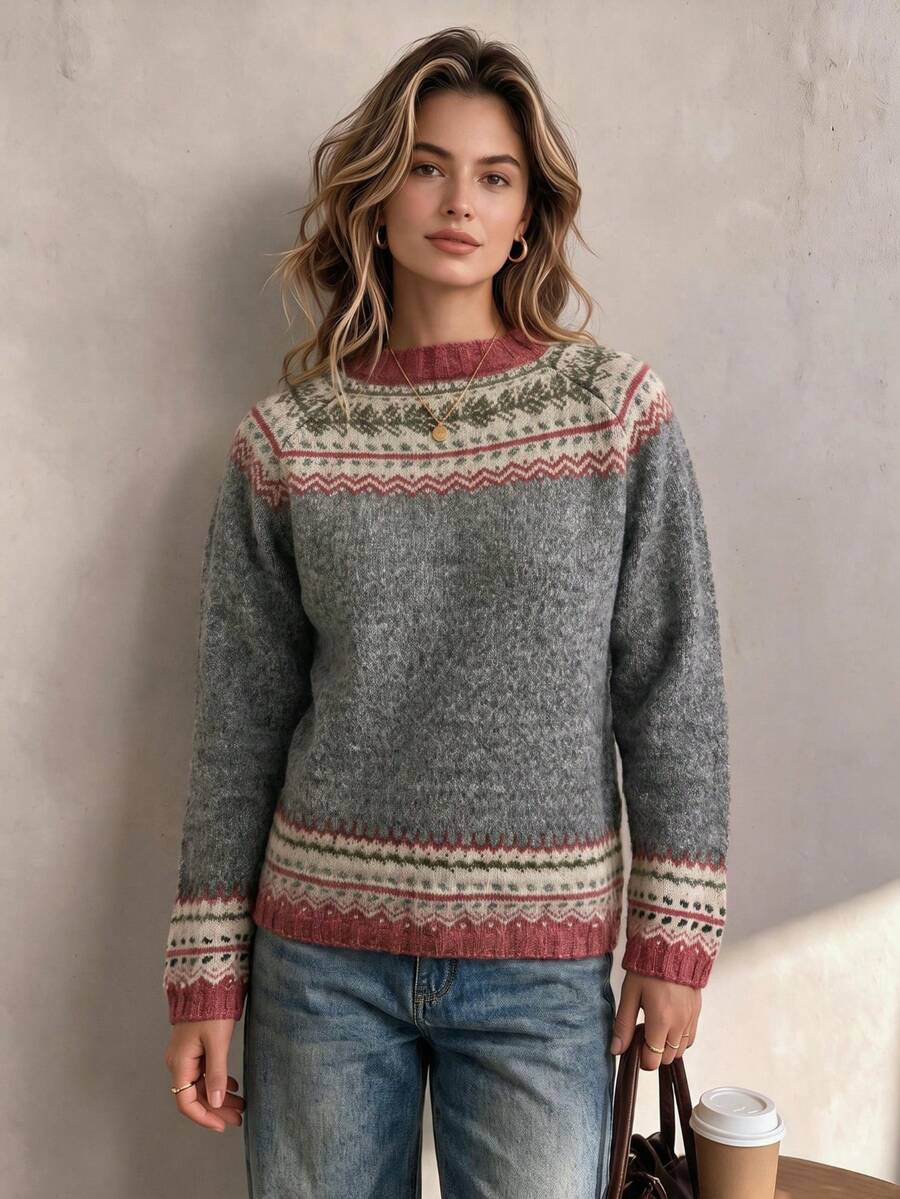 Women's Vintage Fair Isle Knit Crew Neck Pullover Sweater, Long Sleeve Regular Fit, Autumn/Winter - Dark Grey - View 1