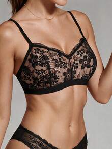 1pc Sexy Semi-Sheer Lace Wireless Non-Padded Back Closure Bra For Women - Black - View 5