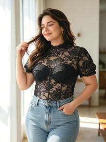 Plus Size Lace Petal Sleeve Jumpsuit, Stand Collar Sheer Waist-Cinching Jumpsuit - Black - View 2