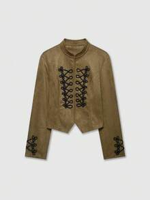 Women's Napoleon Style Short Long Sleeve Stand Collar Suede Knot Jacket - Army Green - View 1