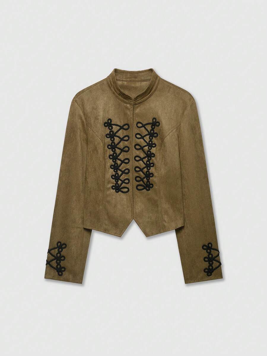 Women's Napoleon Style Short Long Sleeve Stand Collar Suede Knot Jacket - Army Green - View 1