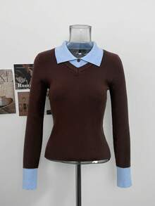 Korean Style Casual Colorblock 2 In 1 Lapel Patchwork Long Sleeve Top Women Autumn/Winter Slim Fit Waist-Cinching Short Ribbed Knit Sweater - Brown - View 6