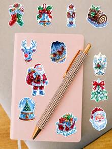 50Pcs PP Ice Country Christmas Stickers, Ice Blue Christmas Fairy Tale Style, Including Ice Christmas Trees, Santa Claus, Snowmen, Ice Flowers, Red Bows Elements, For Journal Collage, Skateboard, Tablet, Notebook, Storage Box, DIY Craft Decor - Multicolor - View 5