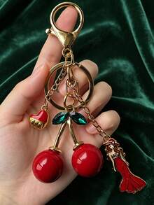 Vintage Sweet Cherry Keychain, Gold Alloy Bag Charm With Heart Lock & Lady Pendant, Cute Backpack Key Ornament, Stylish Gift For Daily Outfit - Multicolor - View 1
