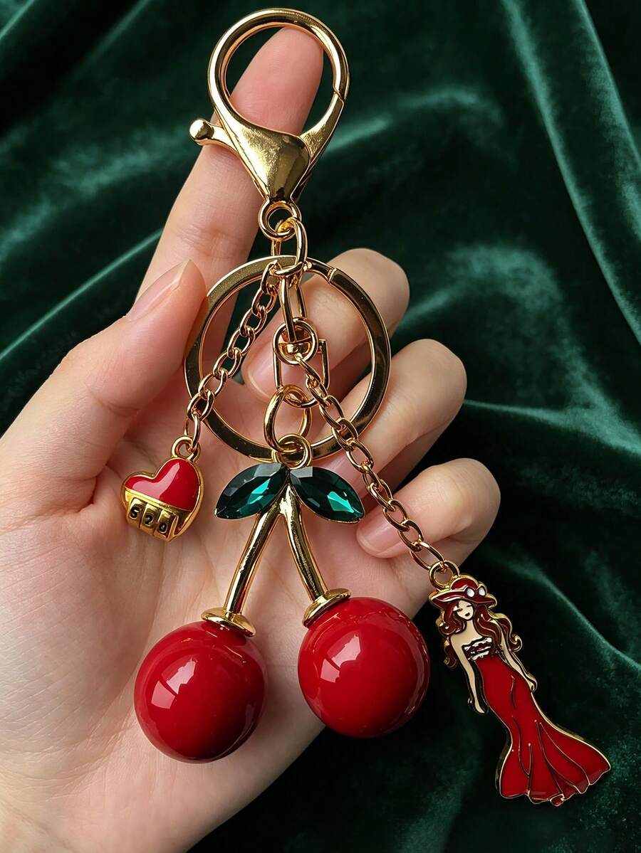 Vintage Sweet Cherry Keychain, Gold Alloy Bag Charm With Heart Lock & Lady Pendant, Cute Backpack Key Ornament, Stylish Gift For Daily Outfit - Multicolor - View 1