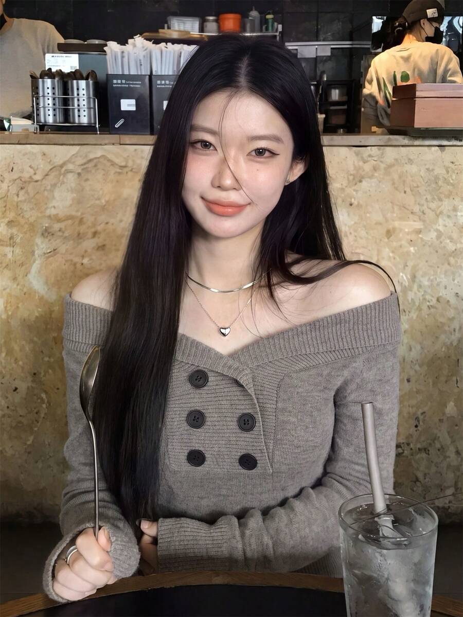 Women's Sweet Korean Style Deep V-Neck Cold Shoulder Exposed Collarbone Button Long Sleeve Pullover Knit Sweater, Autumn/Winter - Mouse Gray - View 1