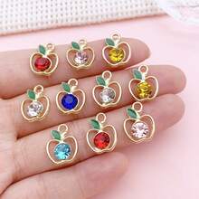 Random 5/10Pcs Mixed Color Hollow Apple Rhinestone Charms, Golden Enamel Leaf Fruit Pendant For DIY Earrings Bracelet Jewelry Making - Multicolor - View 8