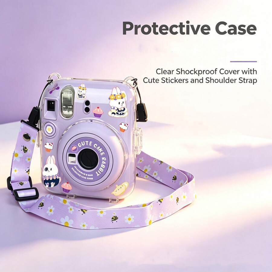 Mini 12 Transparent Protective Case, Anti-Drop Clear Shell With Back Pocket + Lanyard + Cartoon Stickers, PVC Material, Non-Yellowing, Anti-Scratch Camera Photography Accessory, Multiple Colors Available, Crystal Protective Case - Camera Not Included - View 1