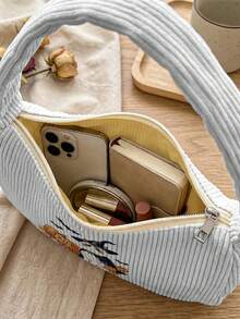 1pc Halloween Theme Print Corduroy Shoulder Bag, Underarm Bag, Large Capacity Storage, Zip Closure Y2K Baguette Handbag For Daily Travel Gift - Multicolor - View 6