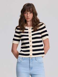 Round Neck Striped Short Sleeve Knit Cardigan Sweater Jacket - Multicolor - View 6