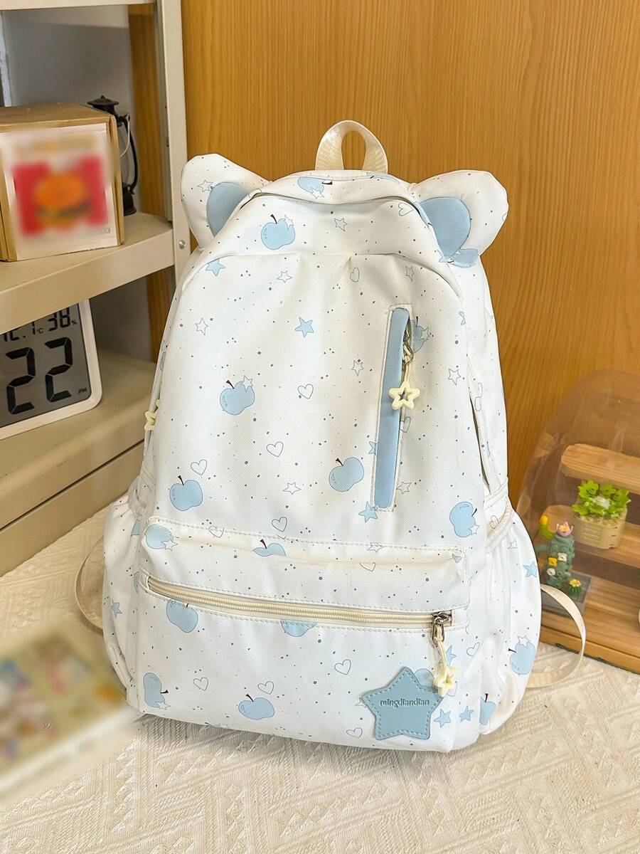 Backpack Cute Cat Ear Apple Star Print Backpack Large Capacity Lightweight School Bag For Teen Girls Daily Campus Travel - Multicolor - View 1