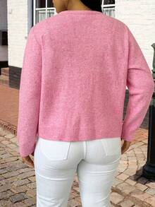 Plus Size Women's Casual Versatile Rose Pink Solid Color Knit Cardigan, Autumn/Winter - Pink - View 7