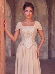 Women's Luxury Sequin Strapless Square Neck Full Skirt Maxi Ball Gown, Suitable For Formal Occasions - Champagne - View 6