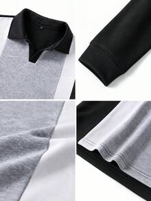 American Retro Men's Patchwork Polo Collar Sweatshirt, Vertical Stripe Colorblock Design, Loose Drop Shoulder, Daily Commute Long Sleeve Top - Black - View 10