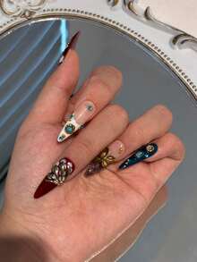10pcs Handmade Long Pointed Press-On Nails, Gold Red Blue Polka Dot Cat Eye Nail Art, With Rhinestones Glitter Powder And Crystals, Autumn Cute Reusable Nail Set With Nail Tools - Follow Your Heart - View 6