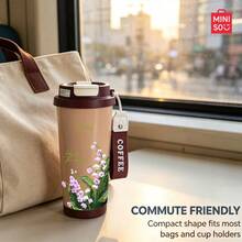 MINISO Water Cup, Coffee Cup, Simple And Elegant, 530ML Beautiful Oil Painting Tulip Pattern Coffee Cup With Straw, New Autumn Winter Insulated Model; Valentine's Day Gift. - Coffee Brown - View 5