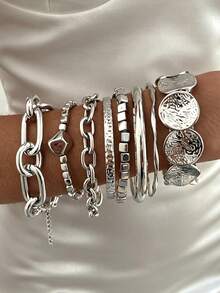 8pcs Multi-Layer Stackable Fashion Minimalist Elegant Exquisite Vintage Design Chain Square Asymmetrical Shape Beaded Round Disc Patchwork Design Embossed Texture Glossy Finish Minimalist Plain Metal Style Exaggerated Chunky Bangles Multi-Piece Set Holiday Vacation Party Date Gift Daily Commute Wear Personalized - Silver - View 3