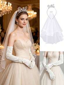 3 Pieces Bridal Headband, Veil, Glove And Accessory Set, "Bridal" Letter Headband, Suitable For Wedding, Bridal Shower And Wedding Photography - Multicolor - View 1