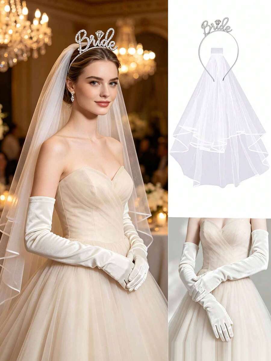3 Pieces Bridal Headband, Veil, Glove And Accessory Set, "Bridal" Letter Headband, Suitable For Wedding, Bridal Shower And Wedding Photography - Multicolor - View 1