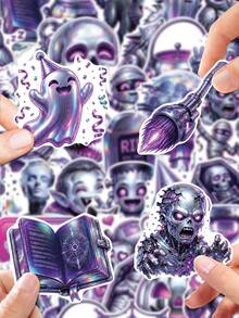 50Pcs PP Cyber Halloween Stickers, Cyberpunk Halloween Style, Including Neon Ghosts, Mechanical Pumpkins, Witch Cats, Holiday English Slogans Elements, For Journal Collage, Water Bottle, Luggage, Skateboard, Notebook, Storage Box, DIY Craft Decor - Multicolor - View 2