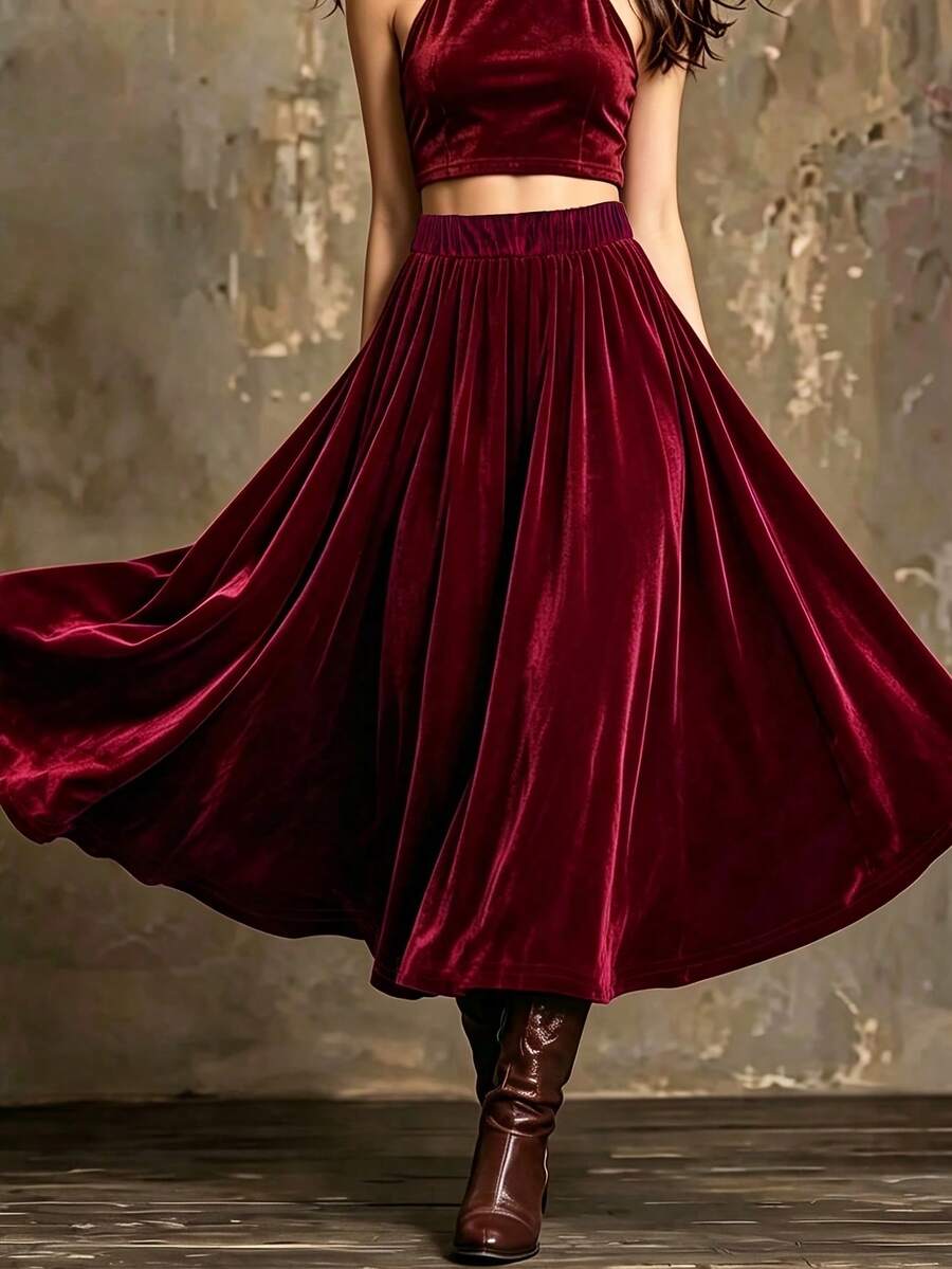 Women's Versatile Velvet Skirt, Elastic Waist Loose Fit Casual Commute Skirt For Early Spring