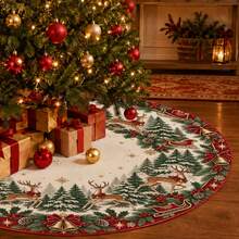 1pc Snowman Red Bird Pine Branch Pattern Christmas Tree Skirt, Elegant Color Holiday Decor, 5 Sizes, Unisex Holiday Gift, Suitable For Home And Party Christmas Home Decoration - Snowman Red Bird Pine Branch - View 4