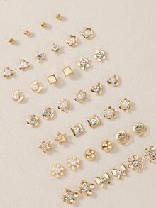 20 Pairs Minimalist Fashion Stud Earrings Set, Exquisite Square Snowflake Heart Moon Multi-Element Earrings, Non-Repeating Designs, Suitable For Women's Daily Wear, Vacation, Beach, Low-Allergy Jewelry Gift For Friends - Yellow Gold - View 4
