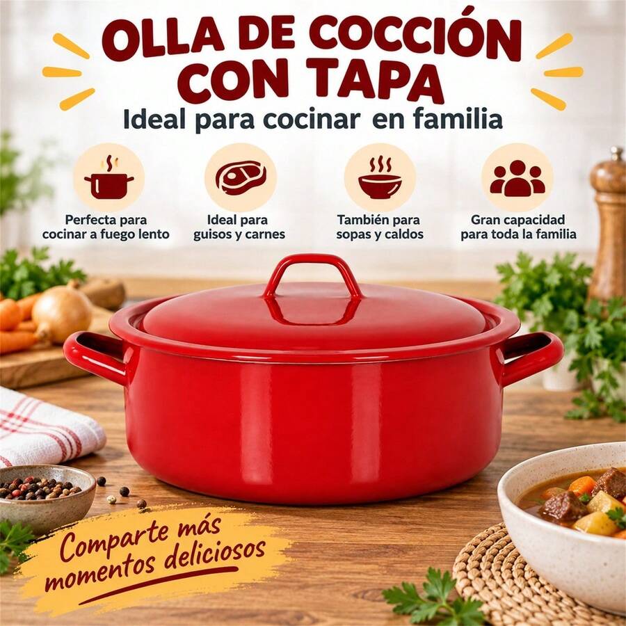 Round Enamel Cooking Pot With Lid For Slow Cooking And Stews, Red, 38x31x12cm - View 1