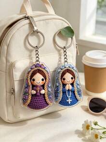 1pc 3D Keychain Pendant, Handmade Crochet Craft Acrylic Dust-Proof Encapsulated, Universal Accessory For Bags, Cars, Backpacks, Cartoon Virgin Mary Design With Floral Border And Cross Element, INS Style Creative Pendant, Personalized Backpack Decoration, Small Gift, Key Storage Wall, Home Decor, Bedroom Decoration - Multicolor - View 4