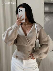 NEW IDEA Women's Commute Fashion Khaki Fall Winter Cropped Sweater, V‑Neck Long Sleeve Knit Top For Night Out, Daily, Going Out, Date, Casual - Khaki - View 1