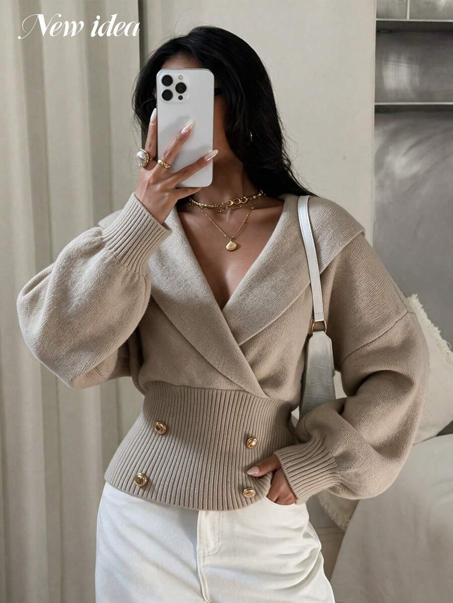 NEW IDEA Women's Commute Fashion Khaki Fall Winter Cropped Sweater, V‑Neck Long Sleeve Knit Top For Night Out, Daily, Going Out, Date, Casual - Khaki - View 1