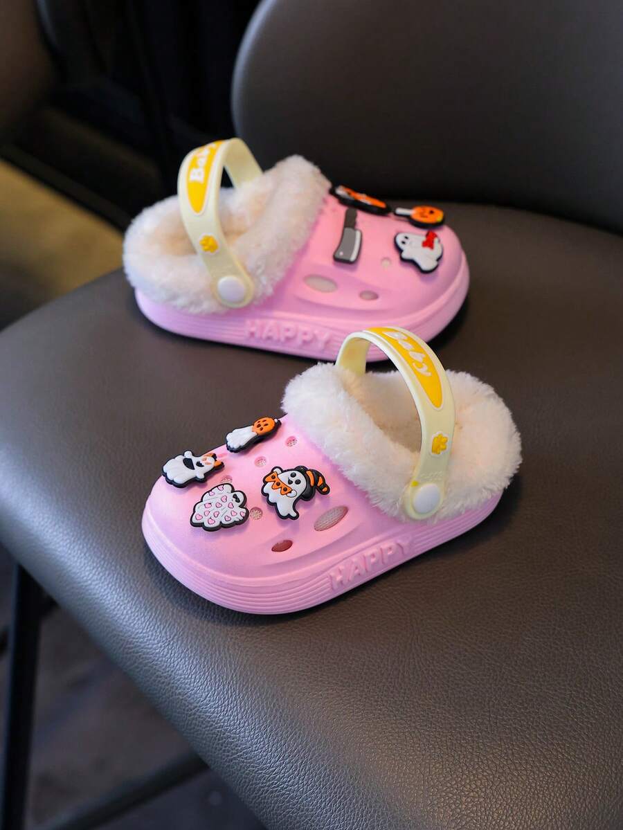 Halloween Cartoon Ghost Pumpkin Charm Fuzzy Lined Clogs For Toddler Kids, Warm Plush Slip On Winter Garden Slippers Non-Slip Thick Sole House Shoes