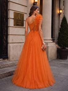 VIPGIRL Elegant One-Shoulder Orange Chiffon Evening Gown, Decorated With Ruffle Trim And High Slit - Formal Ball Gown Suitable For Luxury Occasions - Orange - View 2