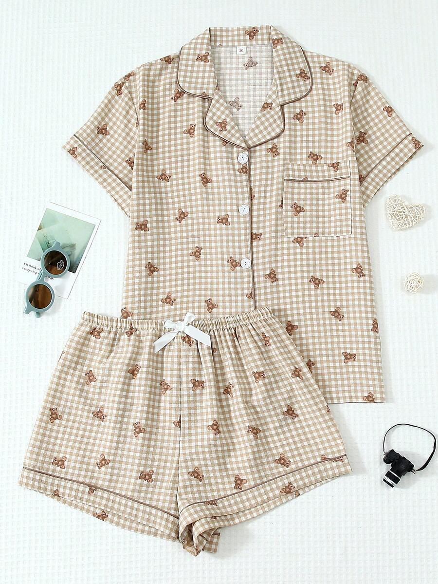 2pcs/Set Women's Plus Size Comfortable Plaid Teddy Bear Print Spring/Summer Short Sleeve Collared Top And Bowknot Shorts Pajama Set - Brown - View 1