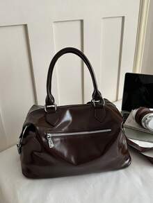 1pc Coffee Brown Large Capacity Solid Color PU Tote Bag Women's Shoulder Crossbody Bag - Coffee Brown - View 5