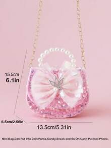 1pc Mini Kids Shiny Sequin Crown Mesh Bow Decor Flap Casual Handbag Chain Crossbody Bag Coin Purse For Girls, Suitable For Daily Outings And Holiday Use - Pink - View 2
