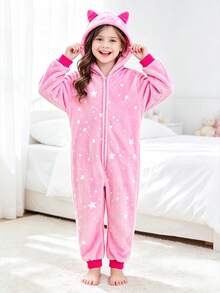 Tween Girl Cat Ear & Star Pattern Long Sleeve Zip-Up Hooded Loungewear Jumpsuit - Multicolor - View 2