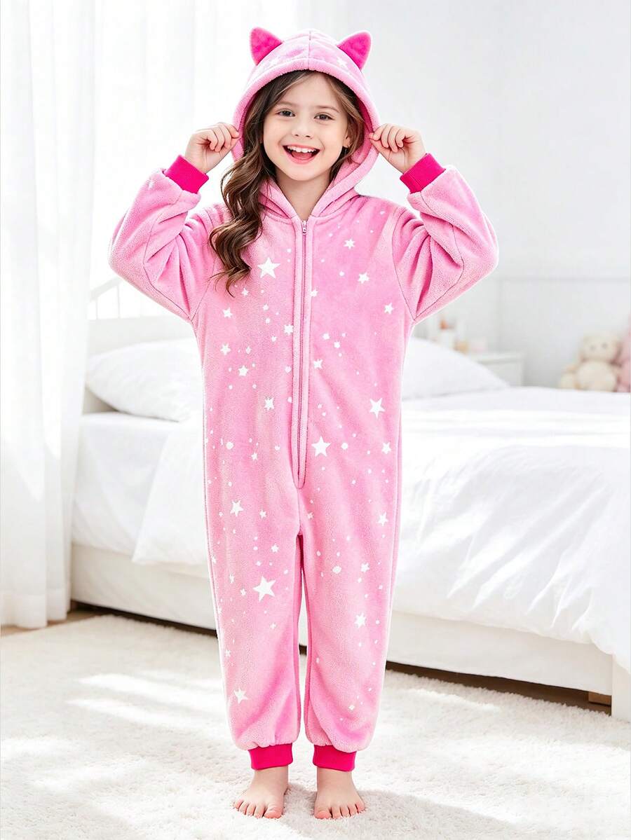 Tween Girl Cat Ear & Star Pattern Long Sleeve Zip-Up Hooded Loungewear Jumpsuit