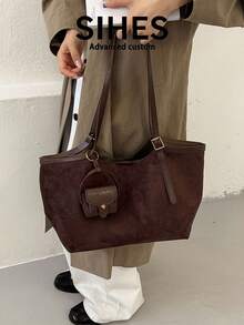 1pc Solid Color Suede New Women's Backpack, Crossbody Bag, Fashionable Large Capacity Tote Bag, Magnetic Closure, Dual Handles, Suitable For Commuting, Shopping, Dating, Shopping - Coffee - View 4
