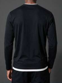 Men's T-Shirt, Autumn Style 2 In 1 Letter Print Slim Fit Regular Shoulder Round Neck Long Sleeve T-Shirt, Casual Everyday Versatile - Black - View 2